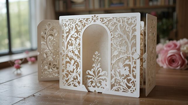 Gate fold laser cut wedding invitation card template.