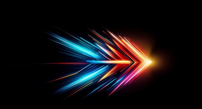 A blinding, intensely saturated arrow head pierces a void, unleashing chaotic light streaks with extreme velocity and power.