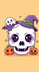 Fototapeta premium Halloween Skull with Ghost, Bat, and Pumpkins Illustration.