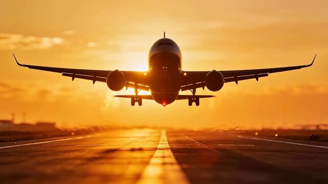 Airplane taking off at sunset