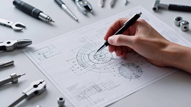 Hand drawing technical blueprint with tools