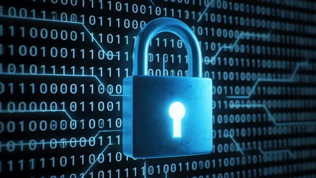 Digital security padlock safeguarding binary code data protection concept illustration