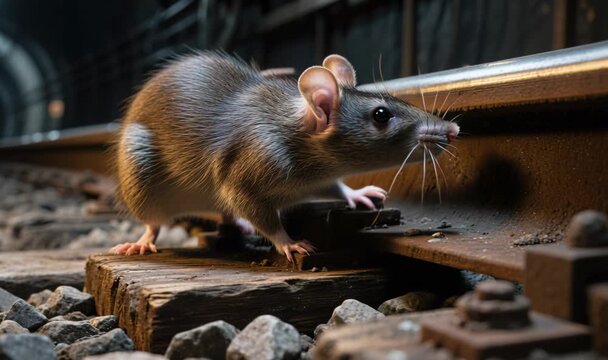 Rats Moving Along a Dimly Lit New York Subway Track