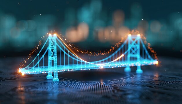 A futuristic digital bridge illuminated with bright blue and orange lights, connecting abstract circuits in a vibrant night city.