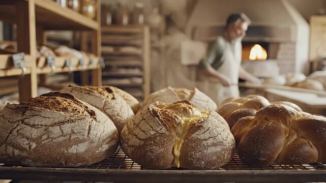 Artisan bread cooling on a rack in a rustic bakery with a baker working in the background
