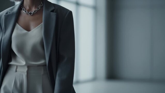Stylish Woman in Chic Outfit Walking Through Modern Architecture With Large Windows