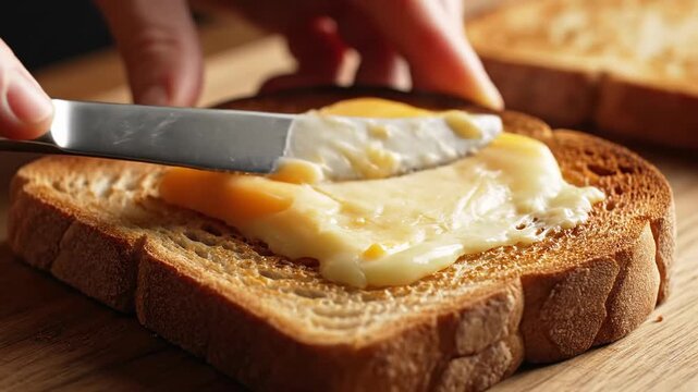 Spreading melted cheese on toasted bread slice with knife, close-up, delicious breakfast
