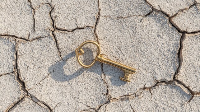 Tarnished golden key partially buried in cracked dry earth
