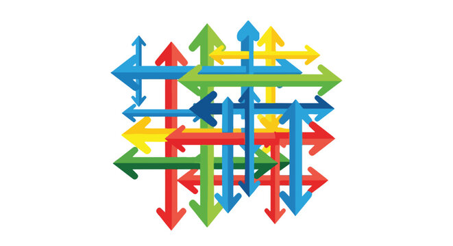 A geometric abstract of overlapping colorful arrows against white background