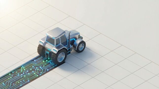 AI driven startup concept. Miniature tractor on circuit board pattern symbolizing smart farming technology