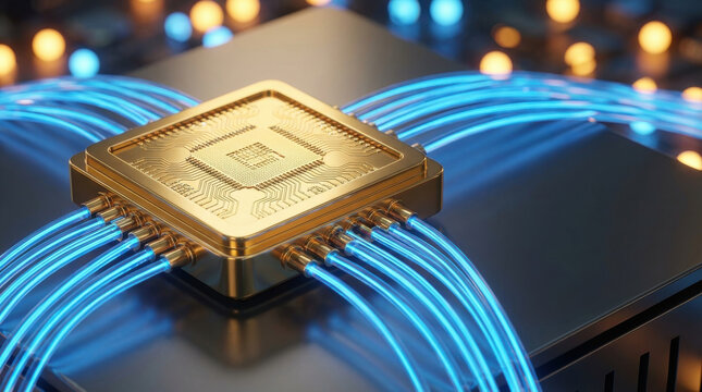 AI driven startup concept. Close-up of a microchip with glowing blue fiber optic cables connected in a tech setup.