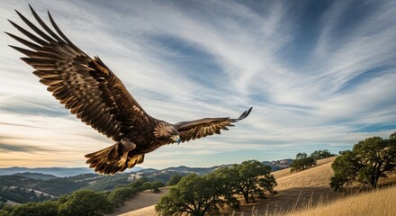 Fototapeta premium Golden Eagle Soaring Above the Rolling Hills at Sunset.