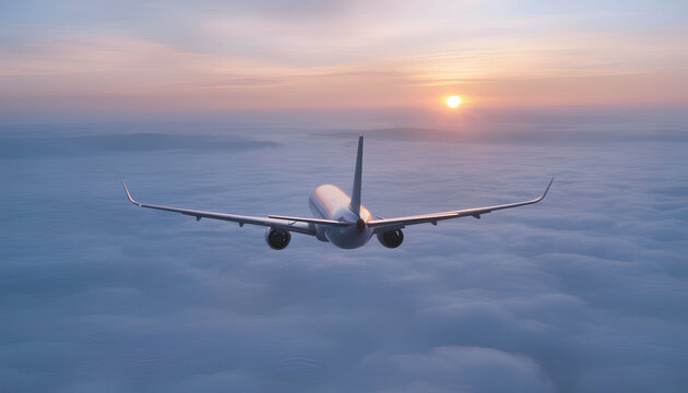 Commercial jet plane flying away into the sunset above a thick layer of white clouds, passenger aircraft in flight during golden hour, air travel and global logistics concept, aerial perspective