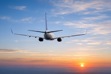 Obraz premium Rear view of commercial airplane flying above clouds at sunset golden hour passenger jet soaring in blue sky travel business aviation transportation aerospace flight wings engines cruise altitude