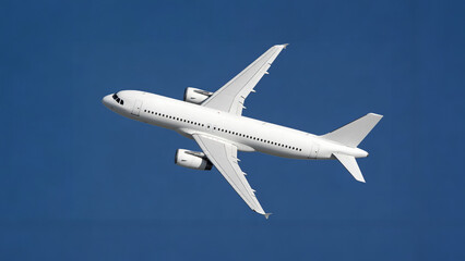 Obraz premium Bottom view of white passenger jet plane flying across clear sky. Commercial aircraft during flight. Minimalist aviation background for travel, logistics, and business transportation concept.