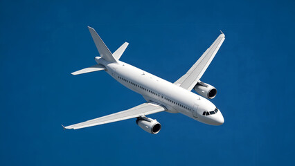Fototapeta premium Angled side view of white commercial jet airplane flying in deep blue sky. Modern passenger aircraft in flight. Concept of global travel, airline industry, and high speed transportation.
