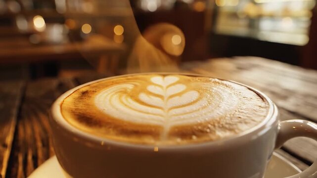Steaming hot latte coffee with intricate foam art in a cozy cafe setting