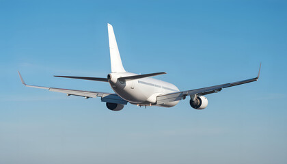 Obraz premium Rear view of white passenger jet plane flying in clear blue sky. Commercial airplane taking off for international flight. Aviation industry, travel and transportation concept. Boeing Airbus style.
