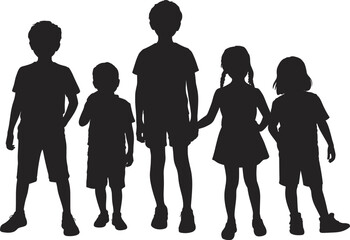Fototapeta premium Children silhouette vector, diverse kids standing, unity in childhood, group of children illustration, educational poster, black silhouette, white background
