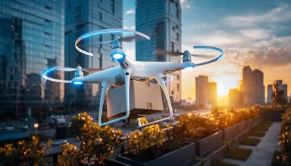 A delivery drone carrying a package, flying over a modern city with tall buildings at sunset