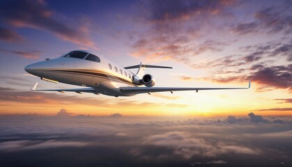 Luxury private jet flying gracefully above clouds during a colorful sunset.