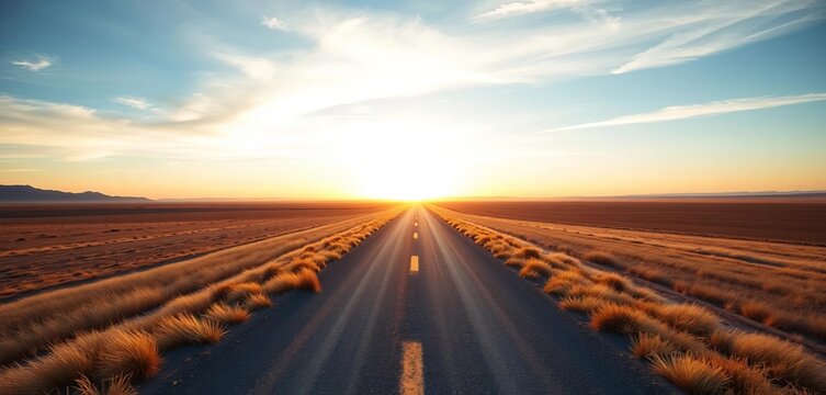 Vast, open landscape with a clear path stretching to a distant horizon at dawn, symbolizing new beginnings and boundless potential,  way,  freedom