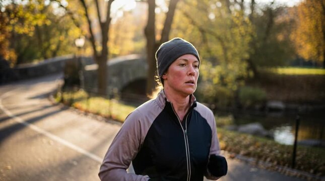 Woman Jogging Through Central Park at Sunrise