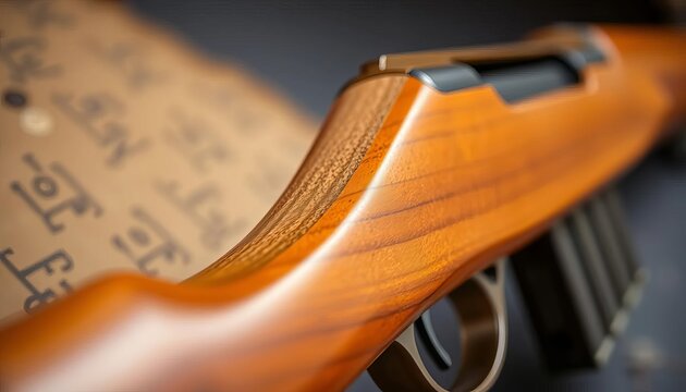 Close-up of a tan-colored rifle, emphasizing its stock and barrel,  defense,  firearm