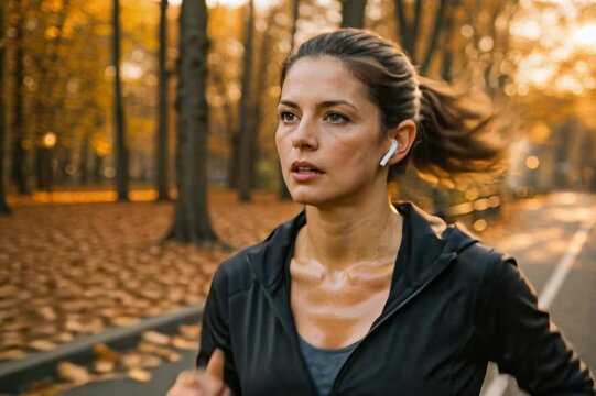 Woman Jogging Through Central Park at Sunrise