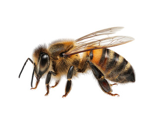 Detailed side view of a furry honey bee with striped abdomen and transparent wings on black