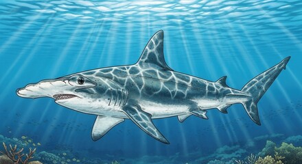 Fototapeta premium Great Hammerhead Shark Swimming in the Ocean Depths.