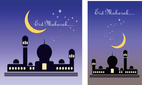 ied mubarak poster and logo, silhouette of great mosque  moon and stars vector illustrations
