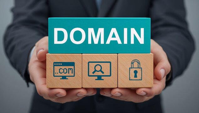 Domains name registration internet website hosting technology on mobile devices. Man holds colorful blocks with domain conceptual banner new
