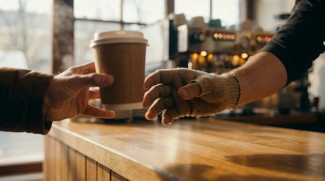 Barista Handing an Unmarked Coffee Cup to a Customer in a Bustling New York Caf&eacute;