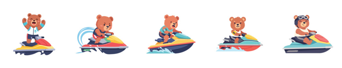 Naklejka premium Jetski Bear Mascot Character Set Cute Water Sport Illustration Vector