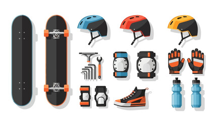Extreme sports equipment arranged neatly showcasing skateboards, helmets, protective gear, and accessories. © Vector Magic