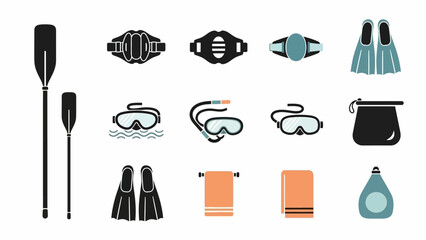 Collection of water sports equipment icons including paddles, masks, and flippers for diving and kayaking activities © Vector Magic