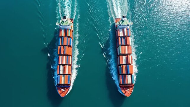 Aerial view of two cargo ships sailing in parallel on blue ocean waters with colorful shipping