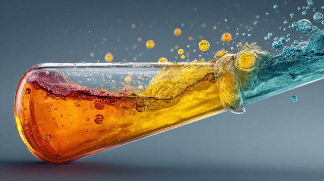 A test tube containing colorful liquids in a lab setting, highlighting the concepts of chemistry and scientific experimentation. The image suggests elements blending and mixing 