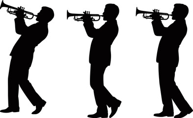 Trumpet player silhouette set featuring jazz musicians in performance poses, black vector brass instrument figures for live concerts, music festivals, posters, stage design, and entertainment branding © Goutom