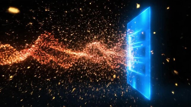 Futuristic energy shield deflecting a powerful stream of fiery particles in a dark void.