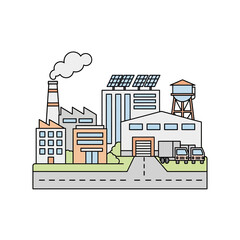Naklejka premium Industrial Factory with Pollution Emissions and Solar Panels on Roof