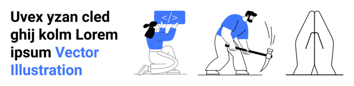 Technology, teamwork, innovation, manual labor, coding, creative process. Graphic showing a person coding, a worker mining and an abstract concept. Coding and teamwork visualization