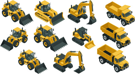 Yellow Construction Vehicles Isometric Set Featuring Excavator, Bulldozer, Loader and Dump Truck Isolated on White Background for Industrial and Building Design