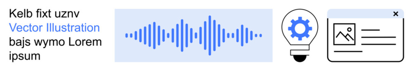 Obraz premium Innovation, audio technology, sound analysis, creative ideas, data visualization, digital interfaces. Blue sound wave graphic, light bulb with gear and document layout. Innovation and audio