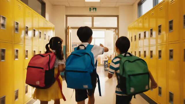 Three diverse elementary school children with backpacks walking down a school hallway towards a classroom