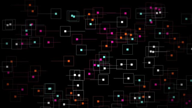 Abstract digital network of colorful squares connecting and flowing on a black background representing data transfer and technology