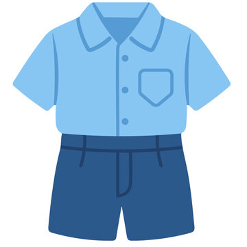 Blue school uniform shirt and shorts for student wear, campus clothing, educational dress code, and academic activities with simple flat design illustration style.