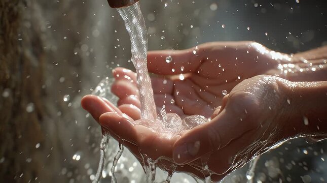 Hands cupped under a gentle waterfall, capturing the flowing water in a serene natural setting from a close-up viewpoint