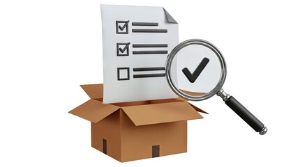 Checklist with Magnifying Glass over Cardboard Box